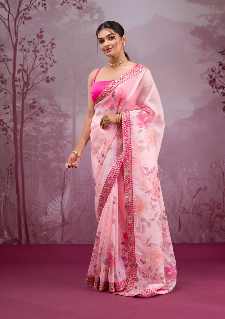 Peach Georgette Floral Printed Saree With Matching Blouse Piece