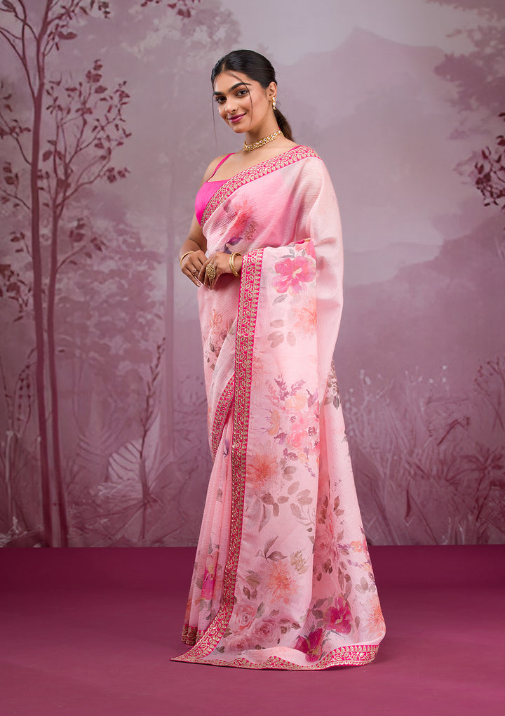 Peach Georgette Floral Printed Saree With Matching Blouse Piece