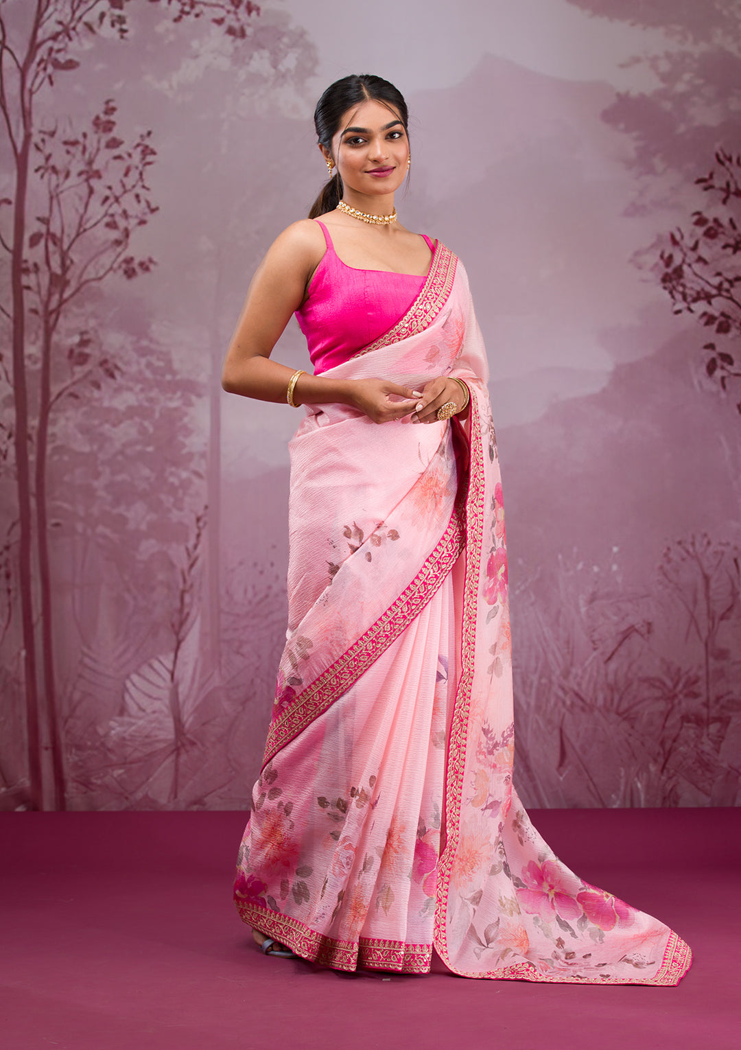 Peach Georgette Floral Printed Saree With Matching Blouse Piece