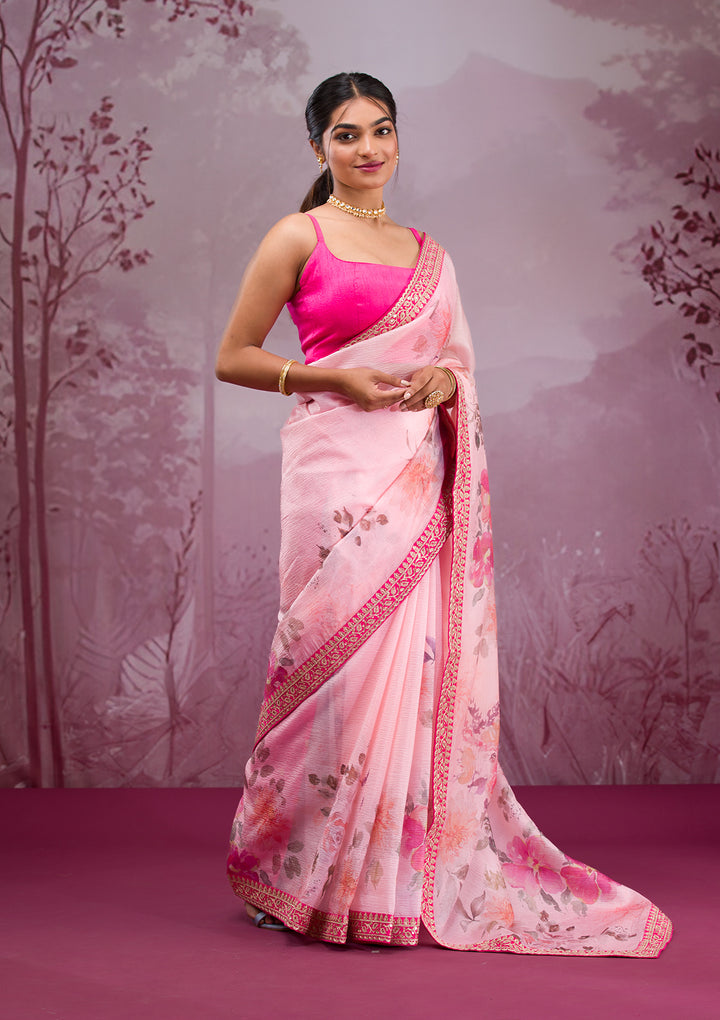 Peach Georgette Floral Printed Saree With Matching Blouse Piece