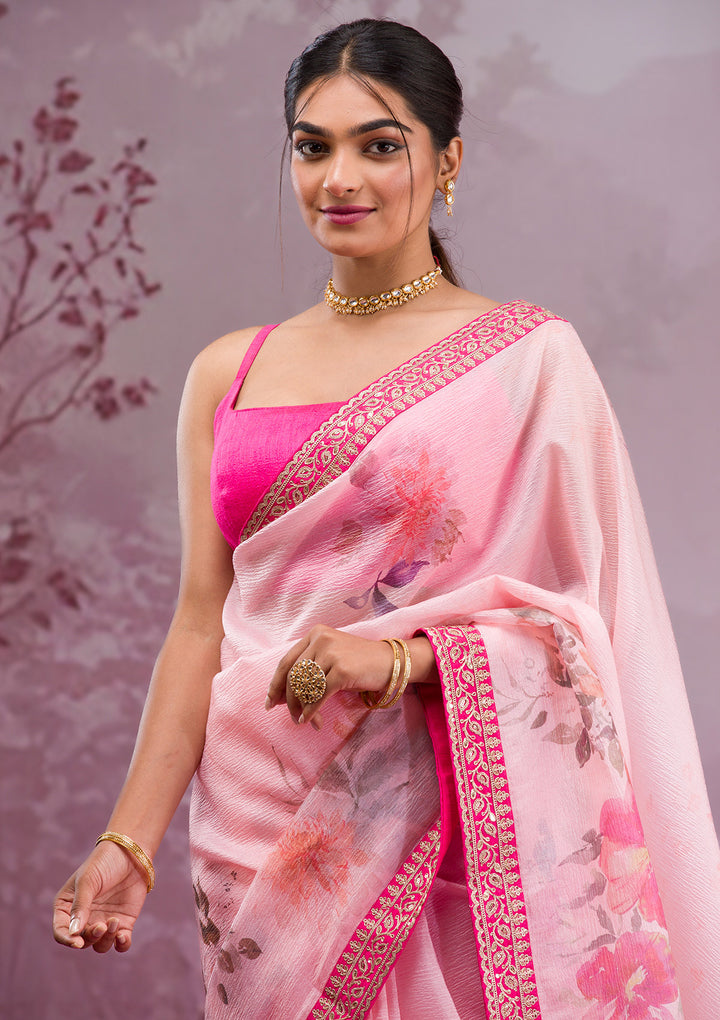 Peach Georgette Floral Printed Saree With Matching Blouse Piece