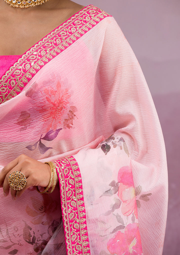Peach Georgette Floral Printed Saree With Matching Blouse Piece