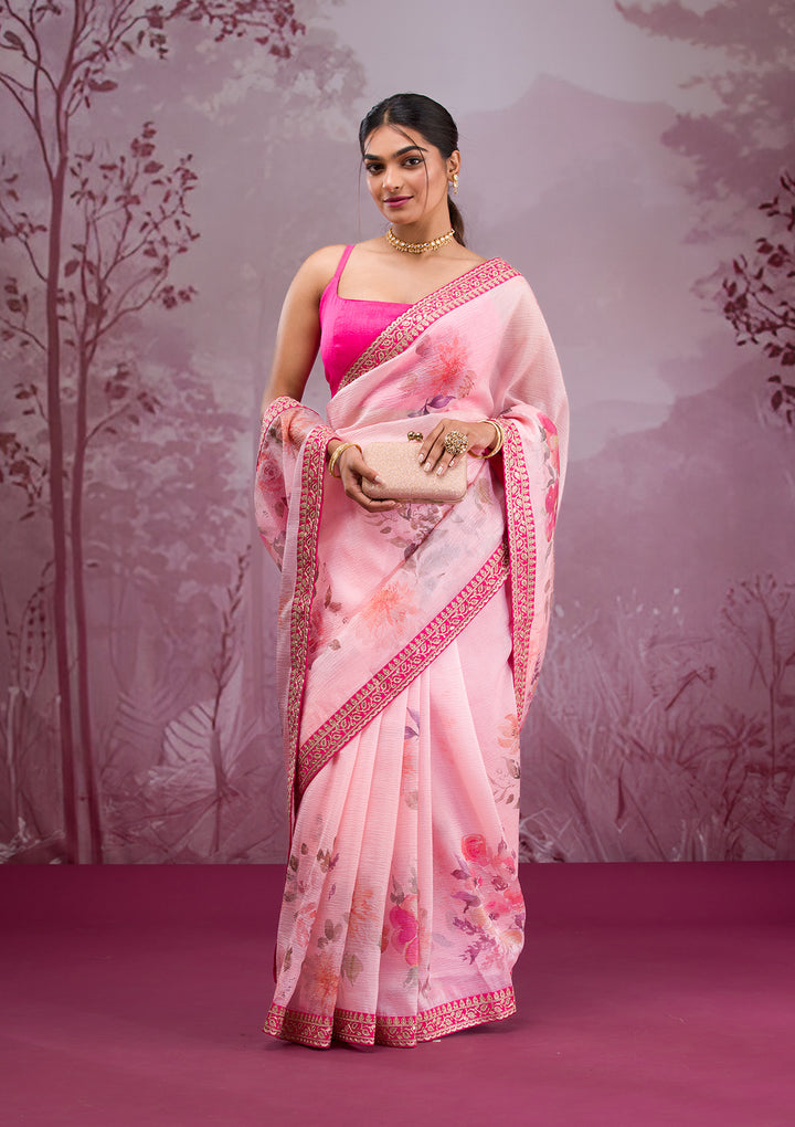 Peach Georgette Floral Printed Saree With Matching Blouse Piece