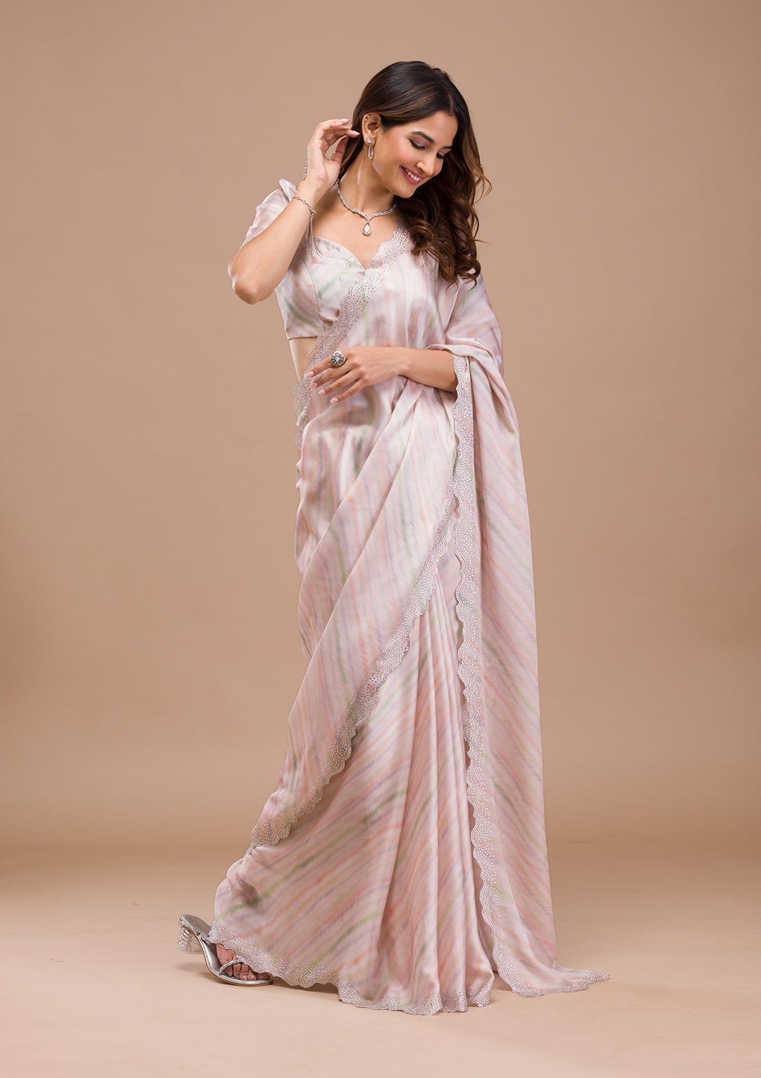Peach Satin Gold Stonework Saree With Matching Blouse Piece