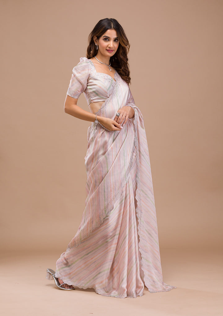Peach Satin Gold Stonework Saree With Matching Blouse Piece
