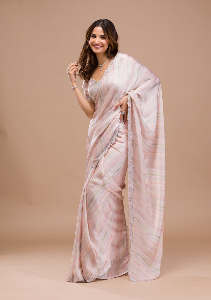 Peach Satin Gold Stonework Saree With Matching Blouse Piece