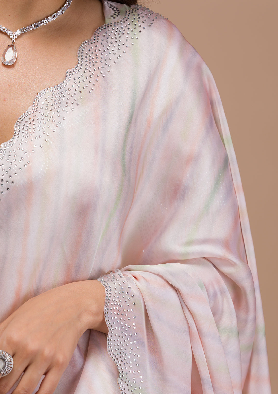 Peach Satin Gold Stonework Saree With Matching Blouse Piece