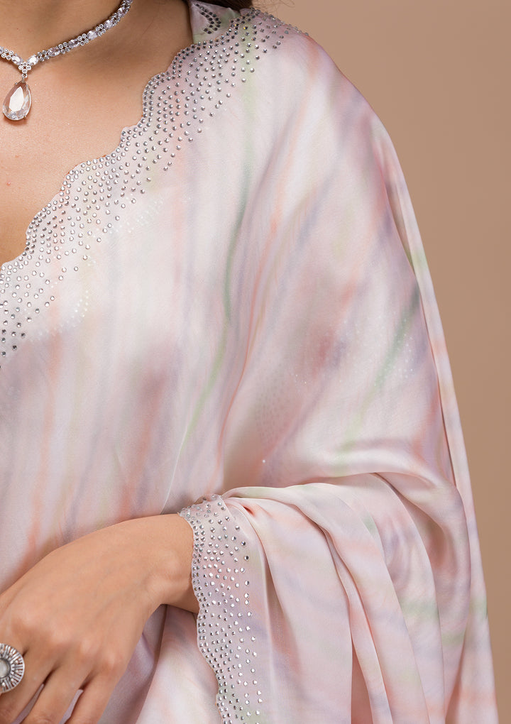 Peach Satin Gold Stonework Saree With Matching Blouse Piece