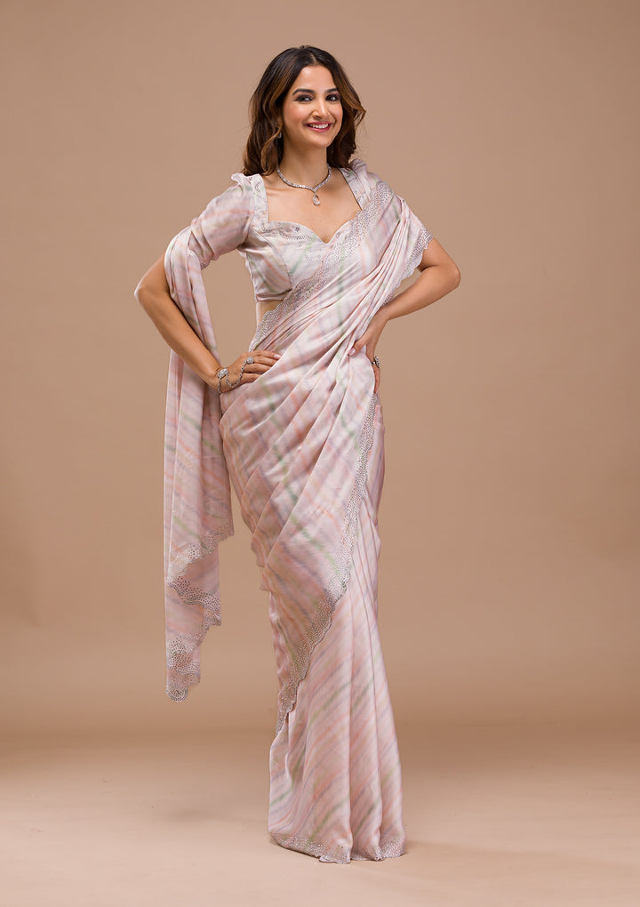 Peach Satin Gold Stonework Saree With Matching Blouse Piece