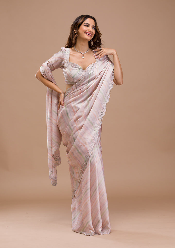 Peach Satin Gold Stonework Saree With Matching Blouse Piece