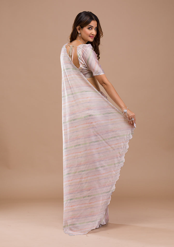 Peach Satin Gold Stonework Saree With Matching Blouse Piece