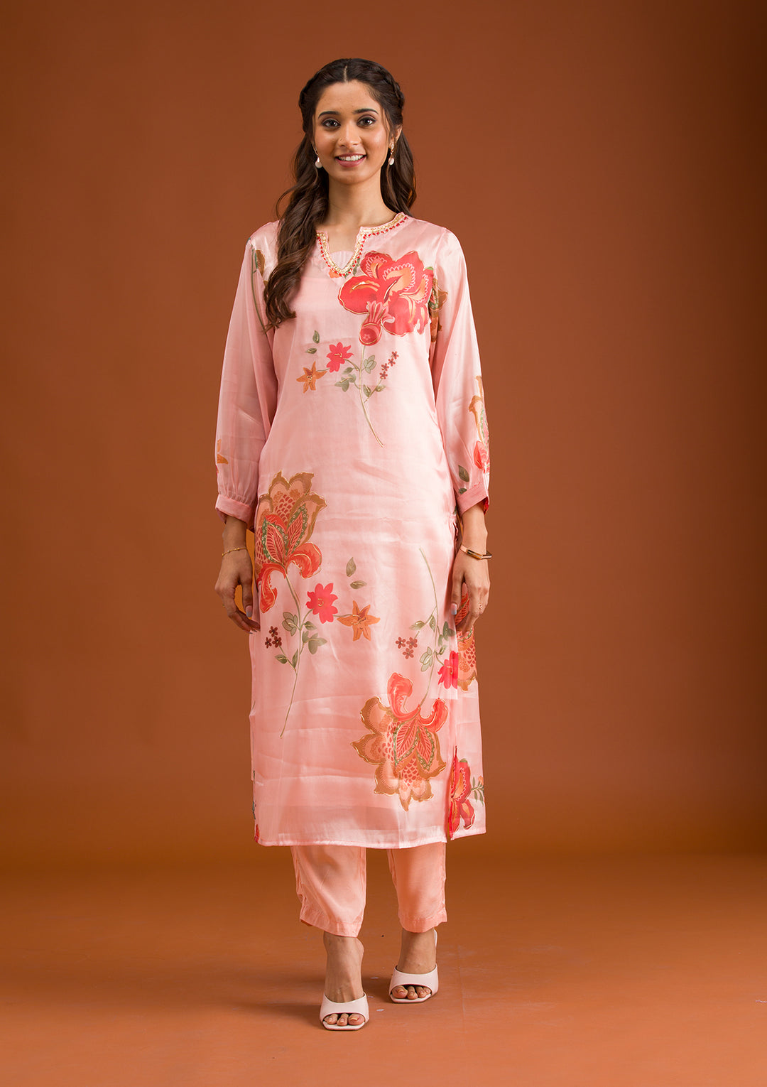 Koskii Crepe Peach Salwar Suit - Ready-to-Wear with Antique Zariwork