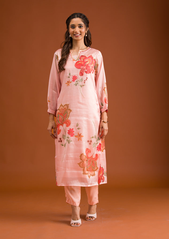 Koskii Crepe Peach Salwar Suit - Ready-to-Wear with Antique Zariwork