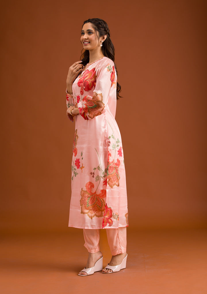 Koskii Crepe Peach Salwar Suit - Ready-to-Wear with Antique Zariwork