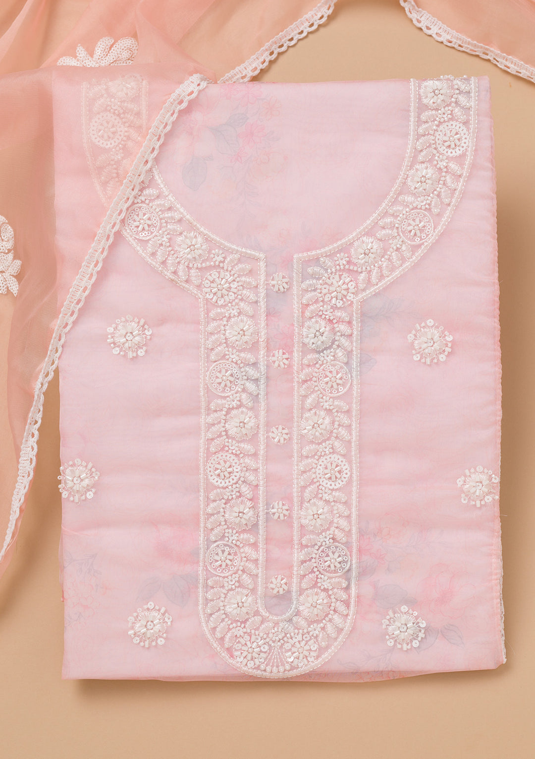 Peach Printed Tissue Unstitched Salwar Suit