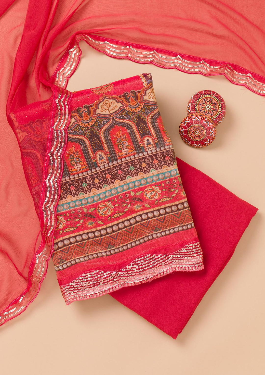 Peach Tissue Sequins Unstitched Dress Material With Matching Bottom And Dupatta