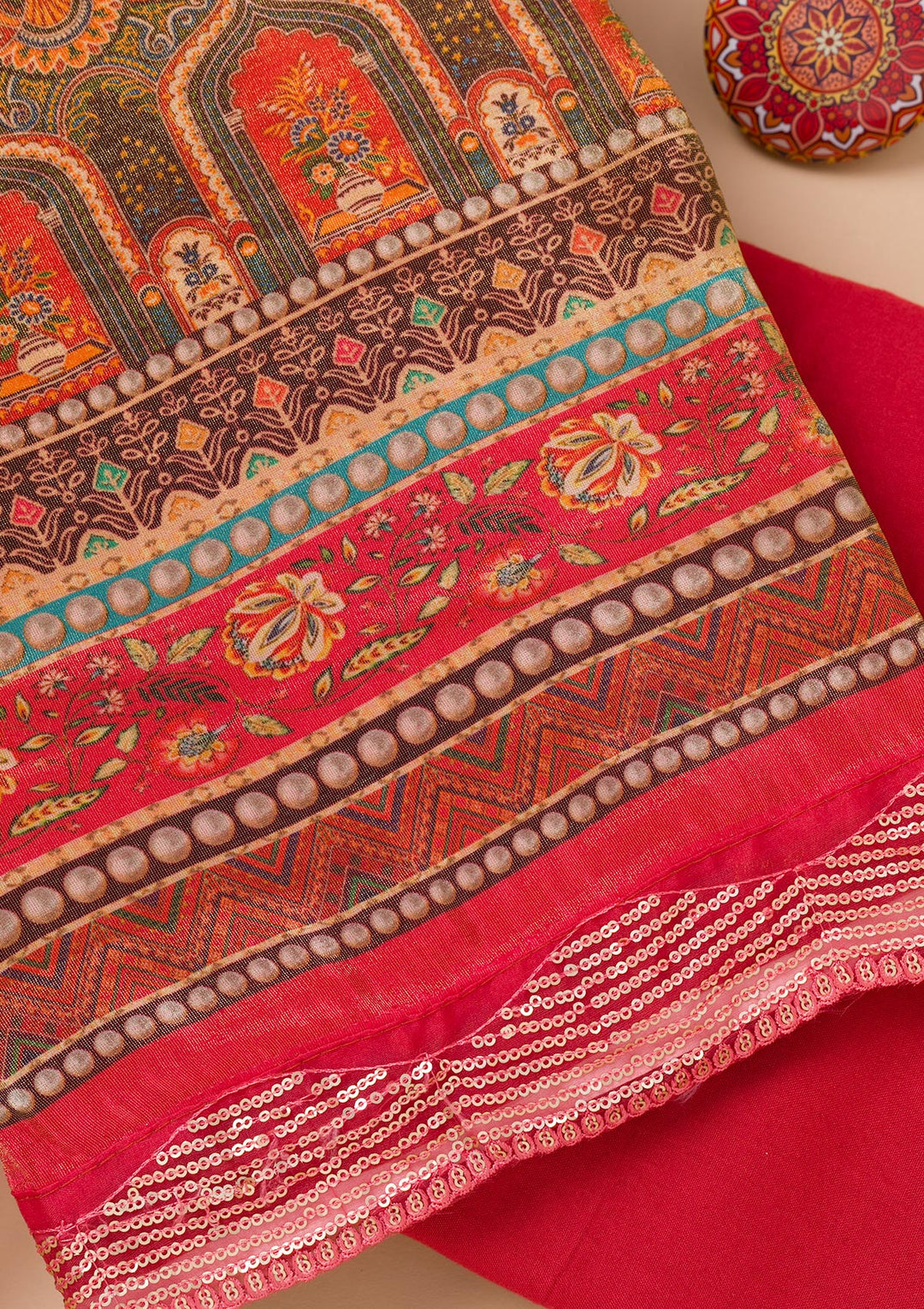 Peach Tissue Sequins Unstitched Dress Material With Matching Bottom And Dupatta