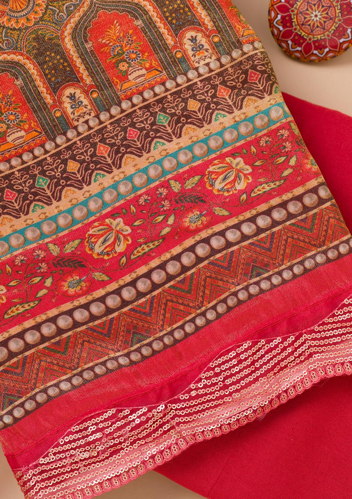 Peach Tissue Sequins Unstitched Dress Material With Matching Bottom And Dupatta
