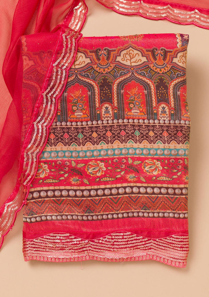 Peach Tissue Sequins Unstitched Dress Material With Matching Bottom And Dupatta