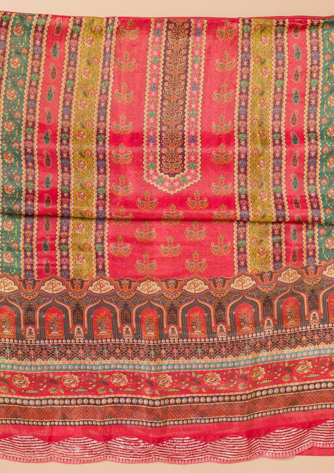 Peach Tissue Sequins Unstitched Dress Material With Matching Bottom And Dupatta