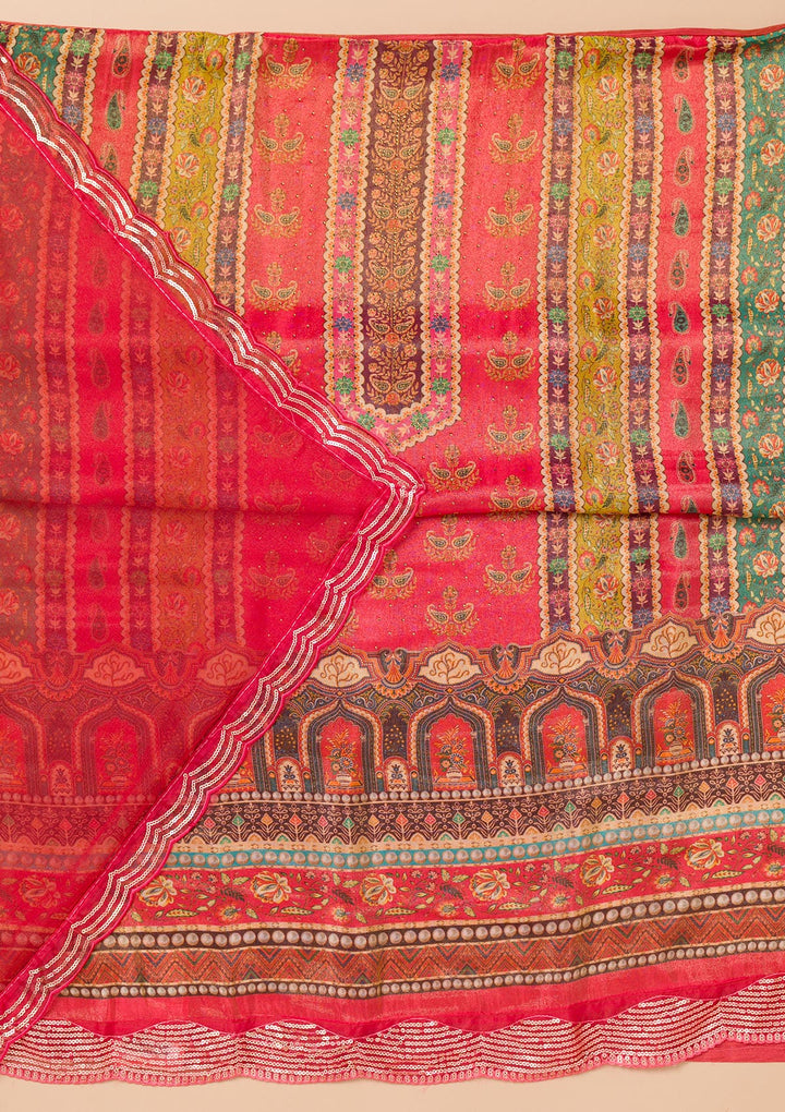 Peach Tissue Sequins Unstitched Dress Material With Matching Bottom And Dupatta