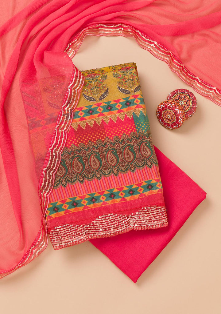 Peach Tissue Sequins Unstitched Dress Material With Matching Bottom And Dupatta
