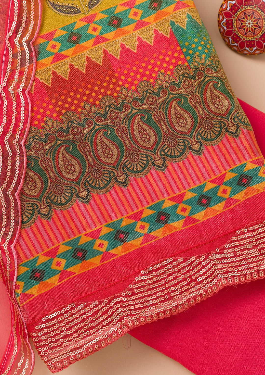Peach Tissue Sequins Unstitched Dress Material With Matching Bottom And Dupatta