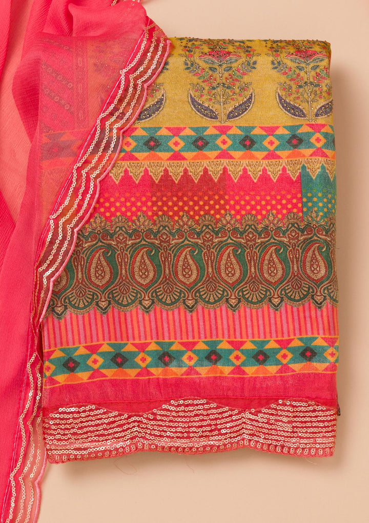 Peach Tissue Sequins Unstitched Dress Material With Matching Bottom And Dupatta