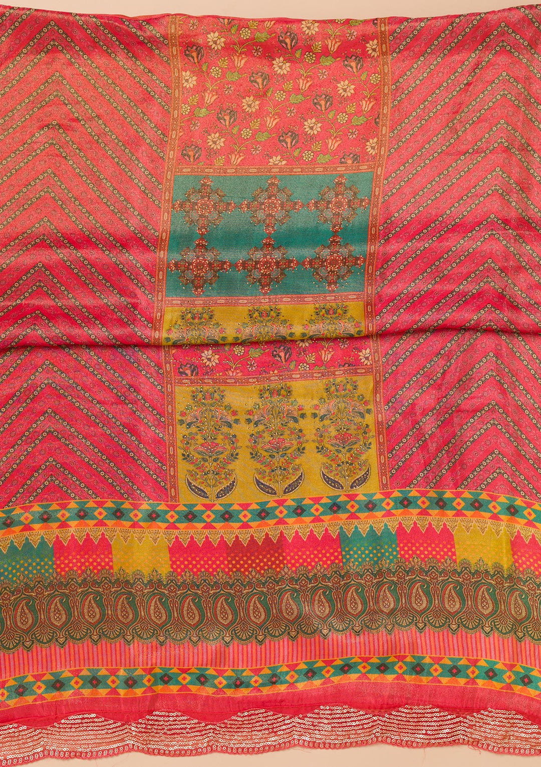 Peach Tissue Sequins Unstitched Dress Material With Matching Bottom And Dupatta