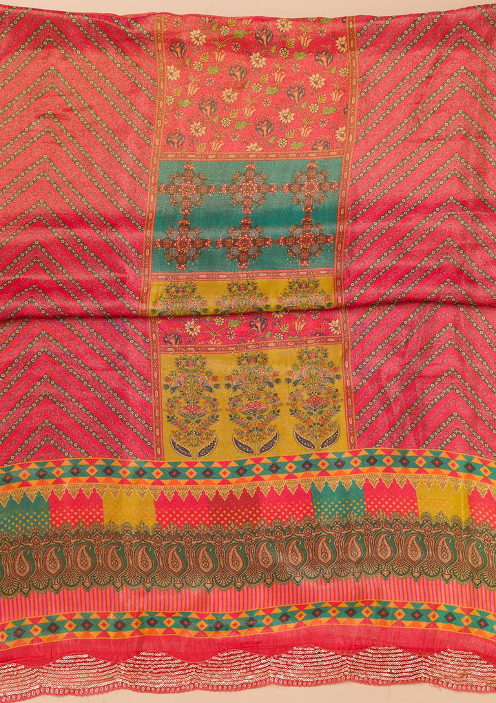 Peach Tissue Sequins Unstitched Dress Material With Matching Bottom And Dupatta