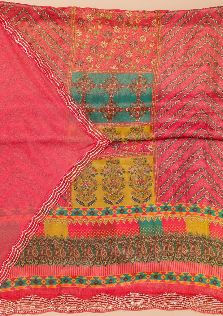 Peach Tissue Sequins Unstitched Dress Material With Matching Bottom And Dupatta