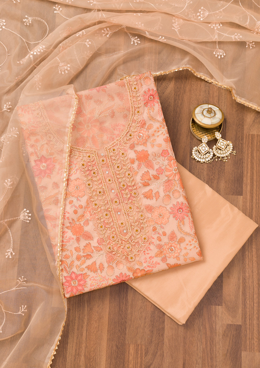 Peach Tissue Floral Cutdana Unstitched Dress Material With Matching Bottom And Dupatta