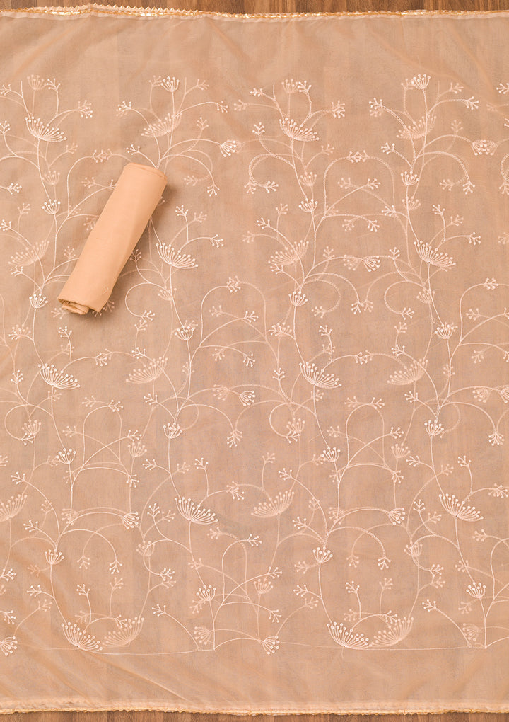 Peach Tissue Floral Cutdana Unstitched Dress Material With Matching Bottom And Dupatta