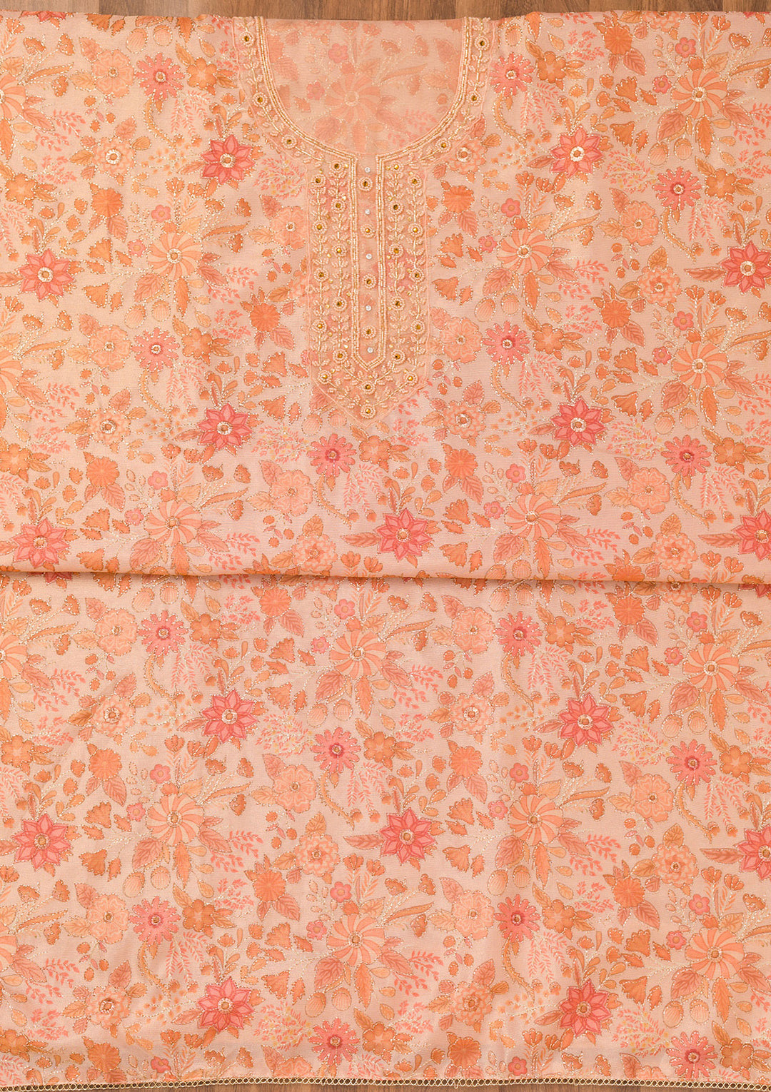 Peach Tissue Floral Cutdana Unstitched Dress Material With Matching Bottom And Dupatta
