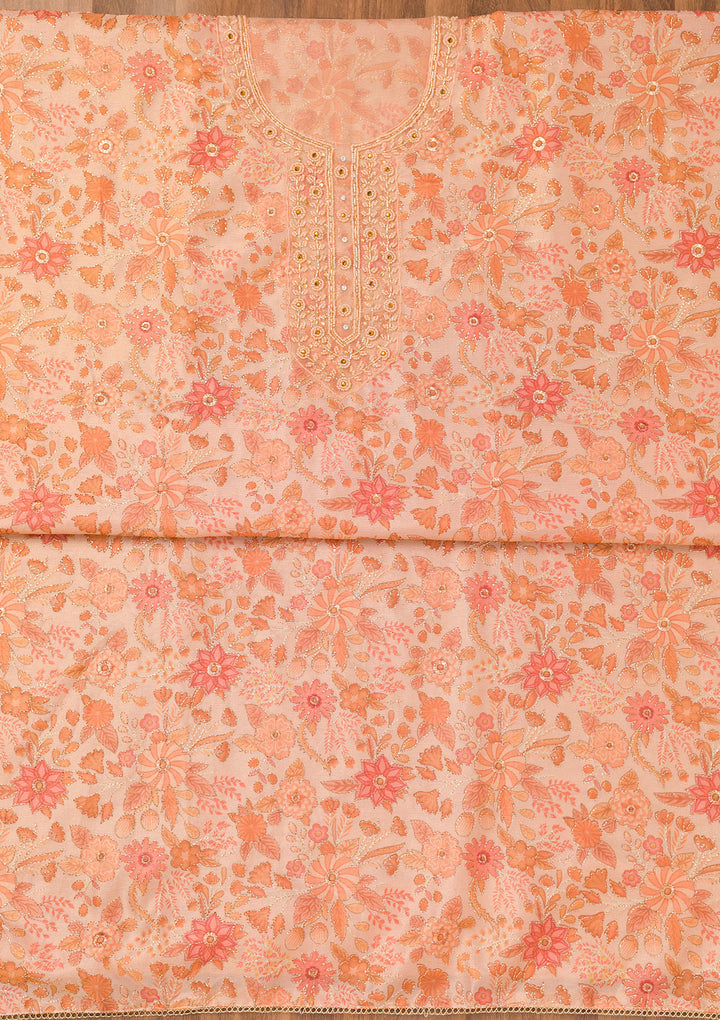 Peach Tissue Floral Cutdana Unstitched Dress Material With Matching Bottom And Dupatta