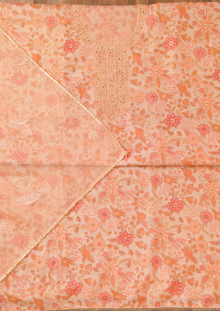 Peach Tissue Floral Cutdana Unstitched Dress Material With Matching Bottom And Dupatta