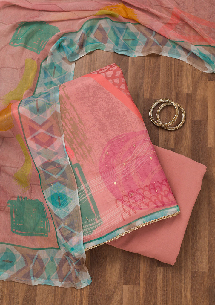 Peach Tissue Floral Sequins Unstitched Dress Material With Matching Bottom And Dupatta