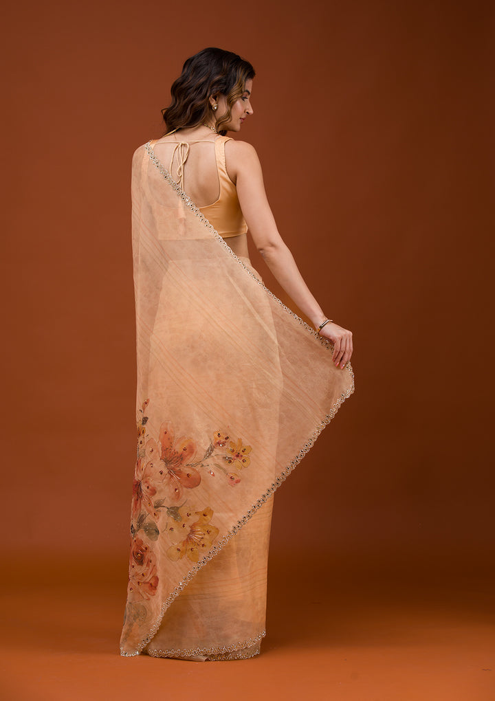 Light Peach Organza Floral Gold Zariwork Saree With Matching Blouse Piece