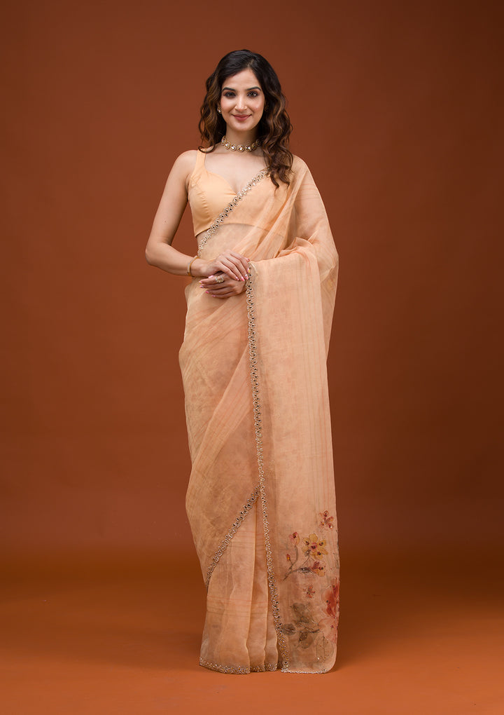 Light Peach Organza Floral Gold Zariwork Saree With Matching Blouse Piece