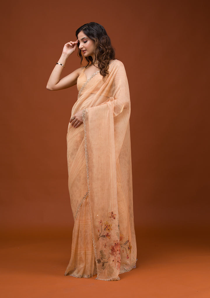 Light Peach Organza Floral Gold Zariwork Saree With Matching Blouse Piece