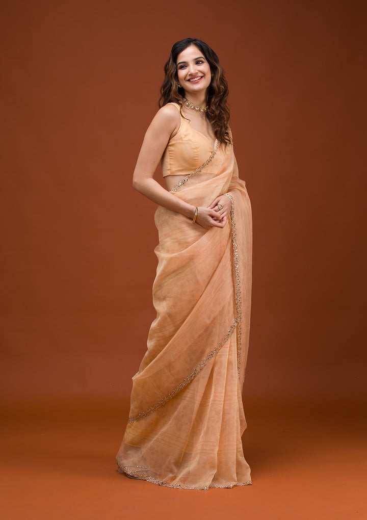 Light Peach Organza Floral Gold Zariwork Saree With Matching Blouse Piece