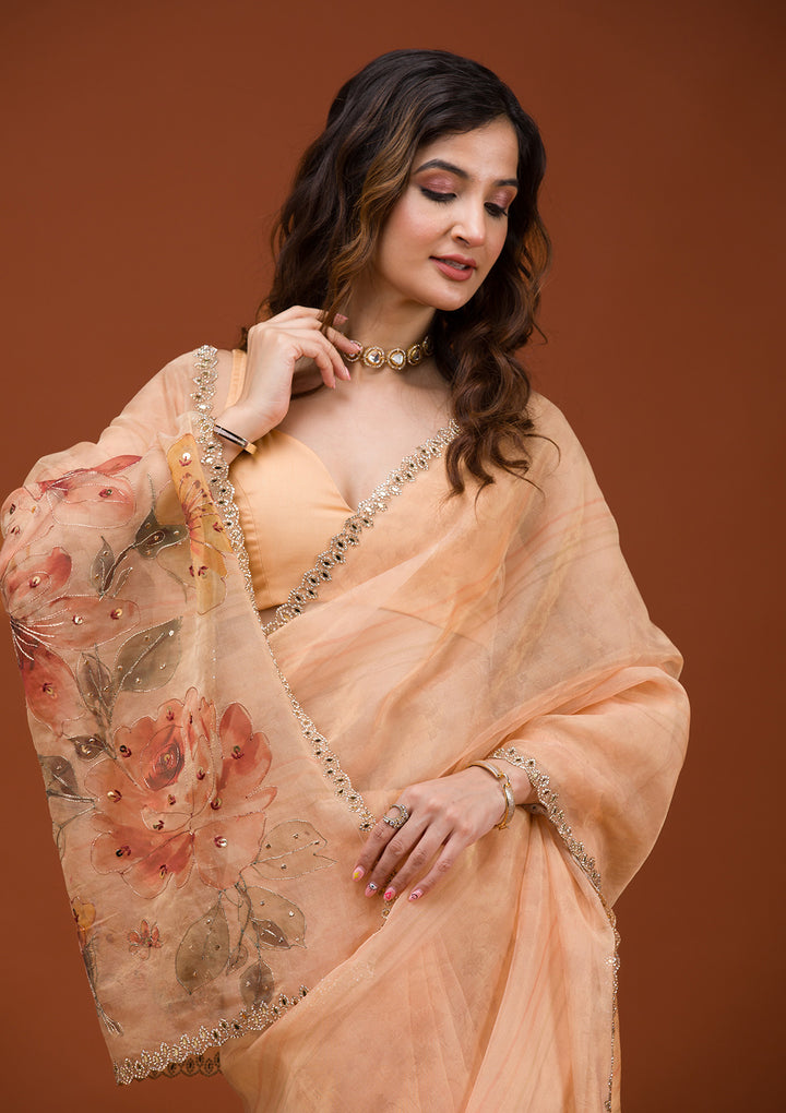 Light Peach Organza Floral Gold Zariwork Saree With Matching Blouse Piece