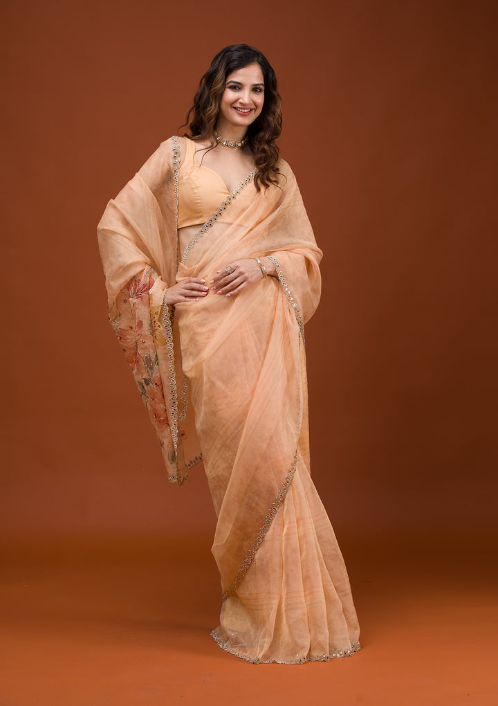 Light Peach Organza Floral Gold Zariwork Saree With Matching Blouse Piece