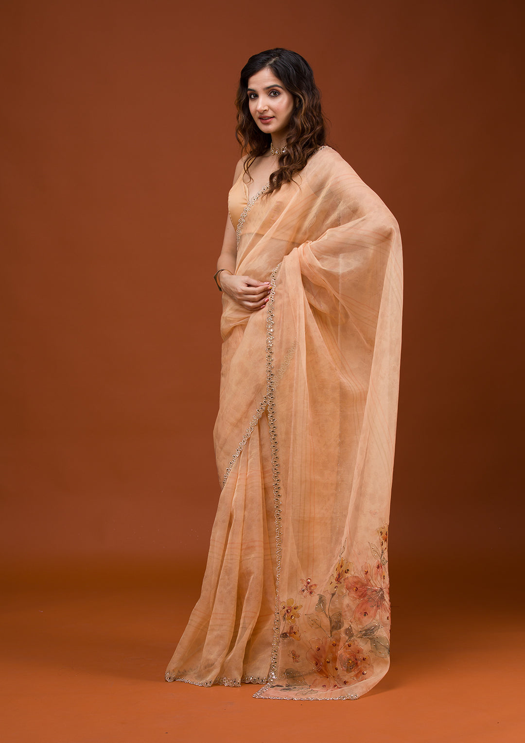 Light Peach Organza Floral Gold Zariwork Saree With Matching Blouse Piece