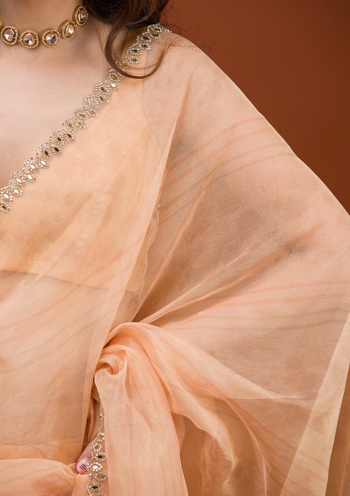 Light Peach Organza Floral Gold Zariwork Saree With Matching Blouse Piece