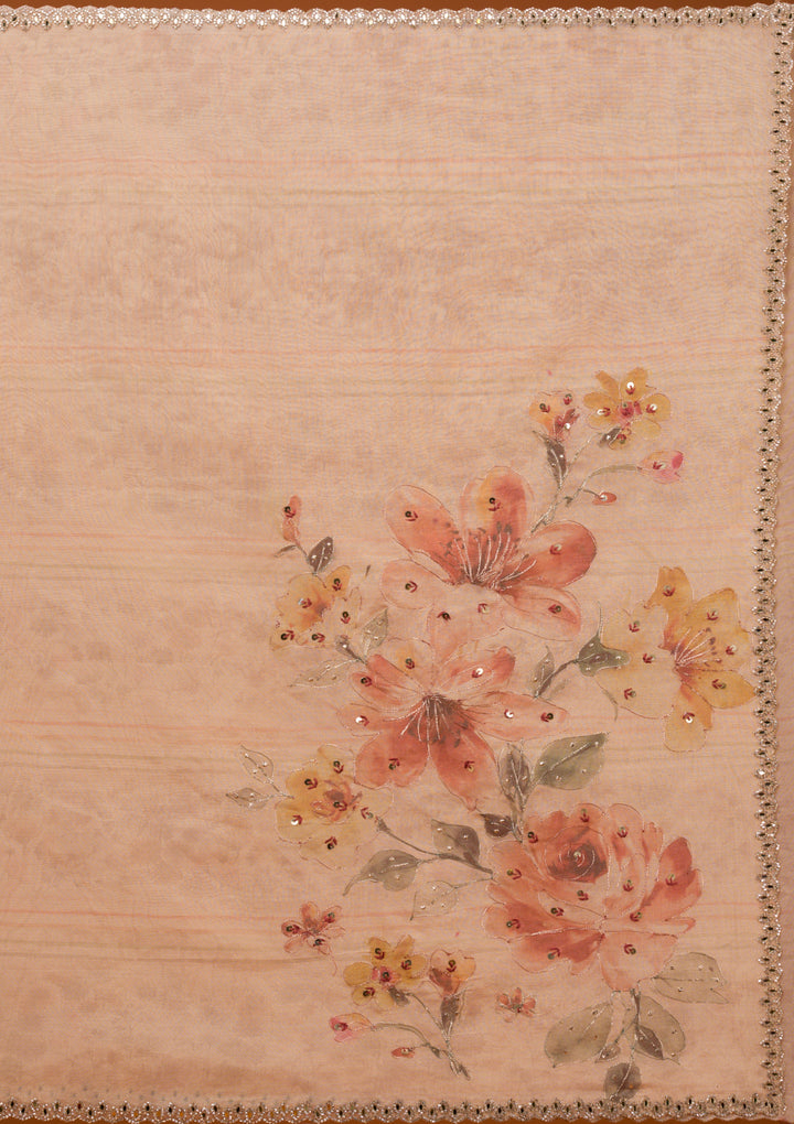 Light Peach Organza Floral Gold Zariwork Saree With Matching Blouse Piece