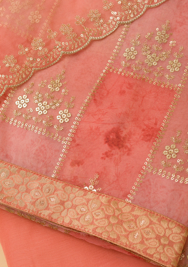 Peach Organza Silver Zardozi Work Unstitched Dress Material With Matching Bottom And Dupatta