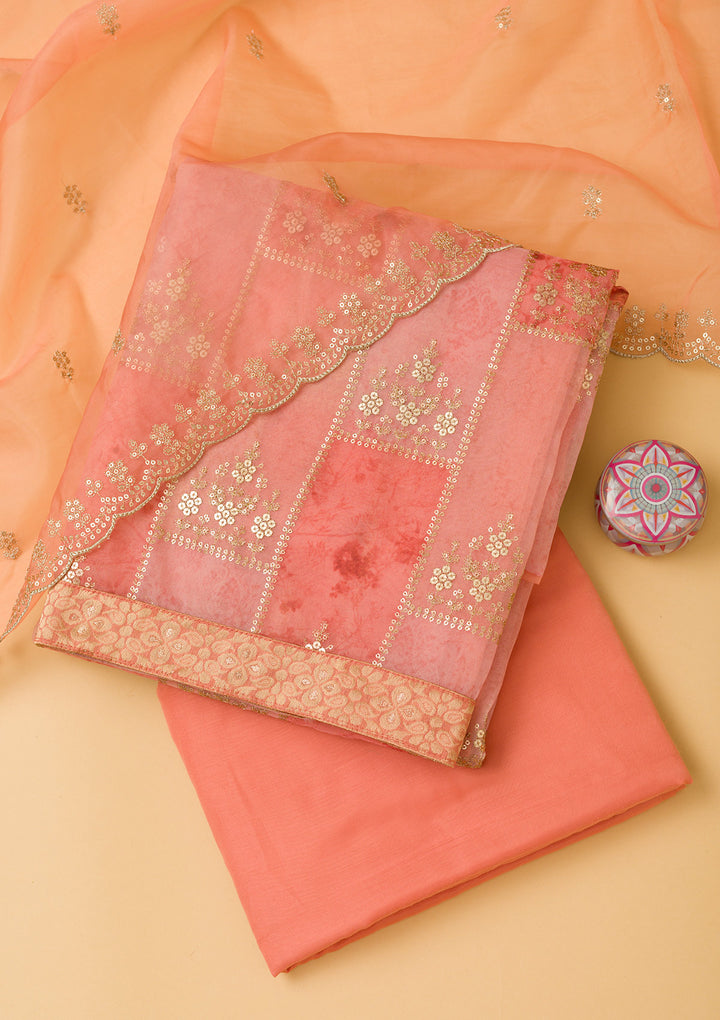 Peach Organza Silver Zardozi Work Unstitched Dress Material With Matching Bottom And Dupatta