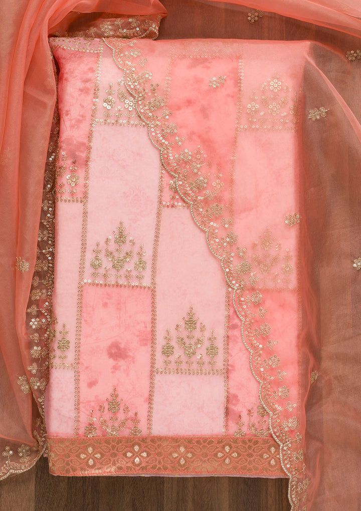 Peach Organza Silver Zardozi Work Unstitched Dress Material With Matching Bottom And Dupatta
