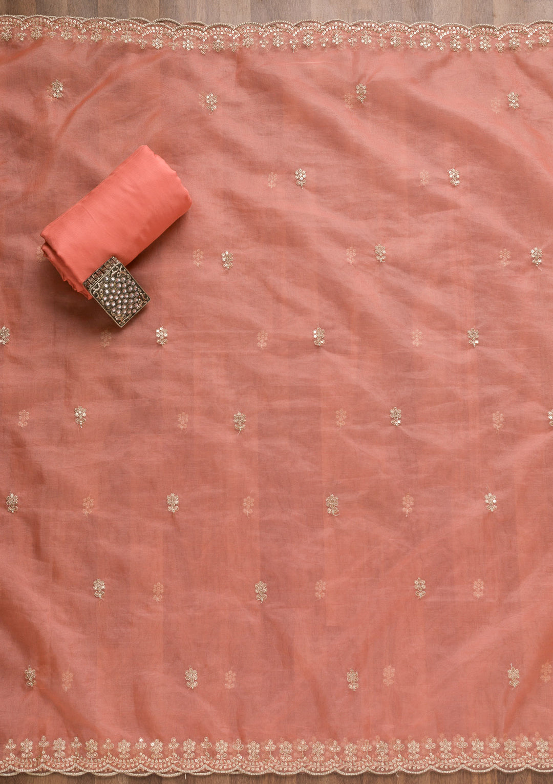Peach Organza Silver Zardozi Work Unstitched Dress Material With Matching Bottom And Dupatta
